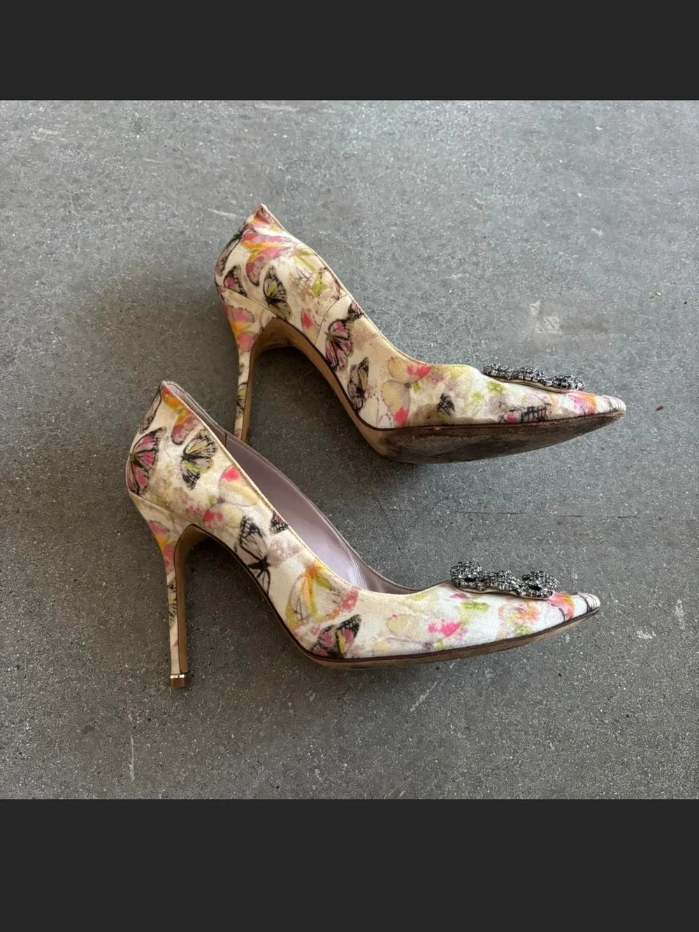 Manolo Blahnik Floral Crystal-Buckle Pointed Pumps in Pink and Multi
